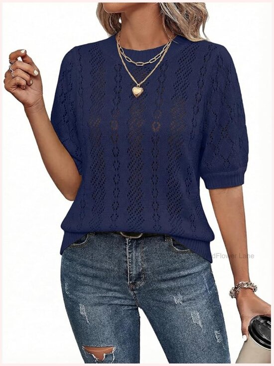 Sweaters - Casual Crewneck Hollow Out Short Sleeve Crochet Summer Blouse
